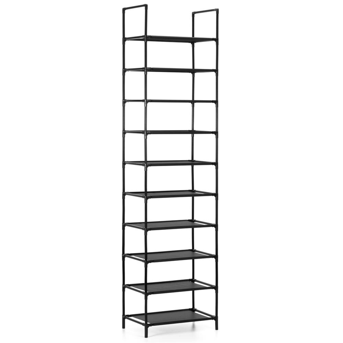 Raft pantofi inalt cu 10 polite, structura metalica si rafturi textile, 45x28x178 cm, negru