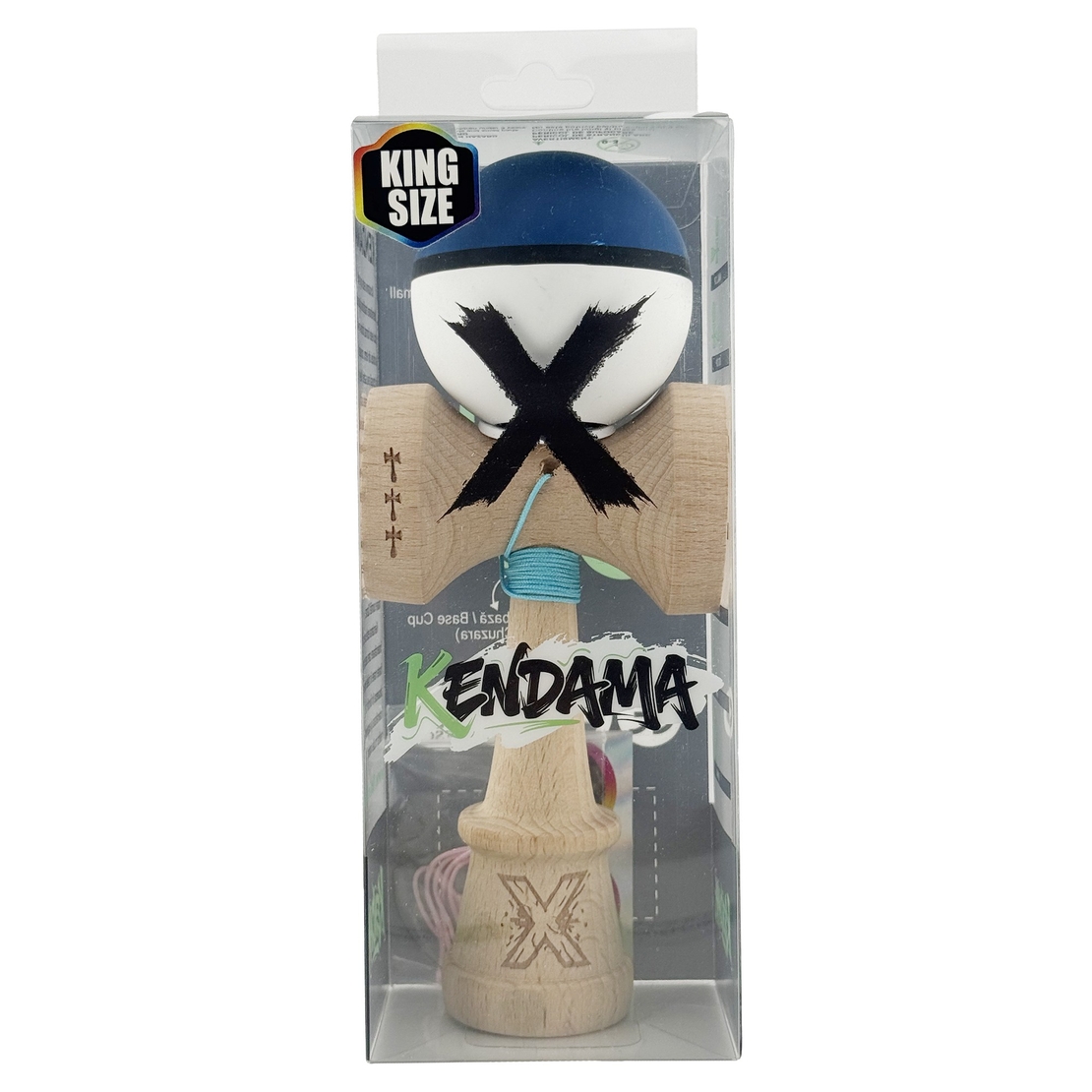 Kendama X Originala, Profesionala, Flippy, Cupe Mari KING SIZE V3, Rubber Grip, Gaura in Baza, Rulment Metalic, din lemn 18 cm, Ata 62/65 cm, S Bicolor Albastru inchis/Alb