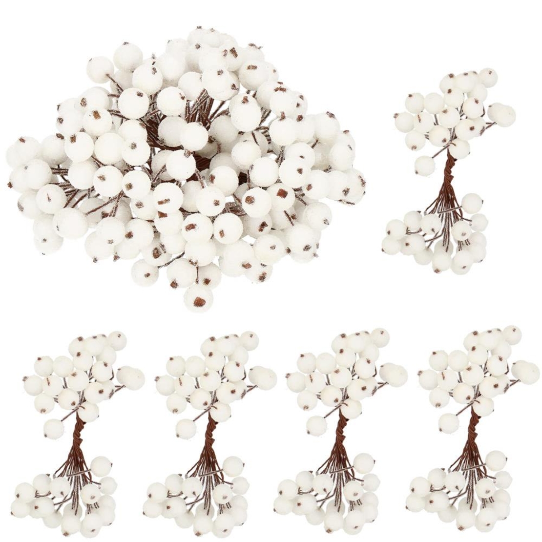 Set decorativ ramuri cu merisoare rosii artificiale inghetate, 15 cm, 200 boabe, alb