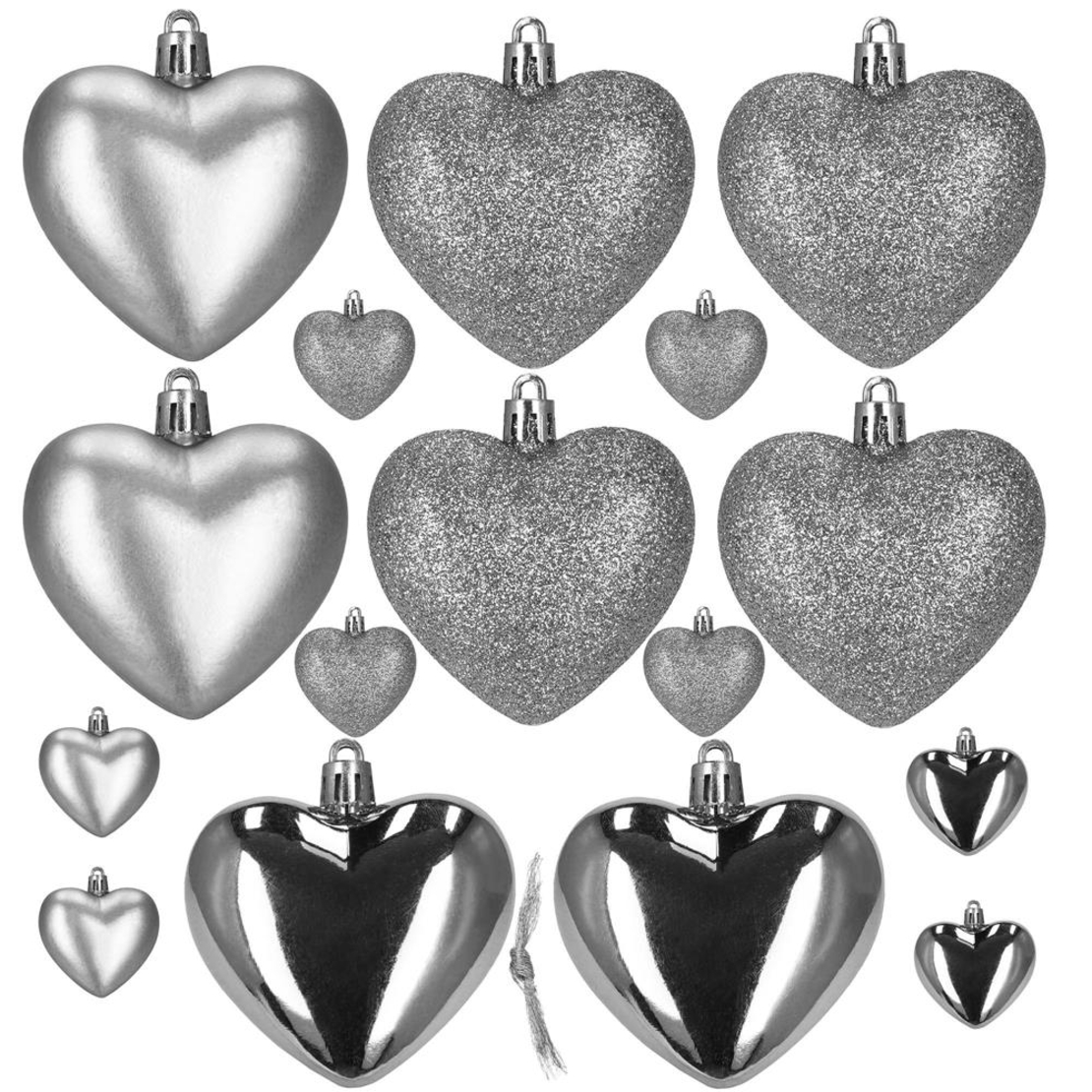 Set globuri decorative in forma de inima, 16 bucati, plastic, 4-7 cm, argintiu