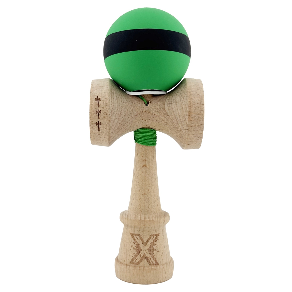Kendama X Originala, Profesionala, Flippy, Cupe Mari KING SIZE V3, Rubber Grip, Gaura in Baza, Rulment Metalic, din lemn 18 cm, Ata 62/65 cm, M Bicolor Verde Dublu/Negru