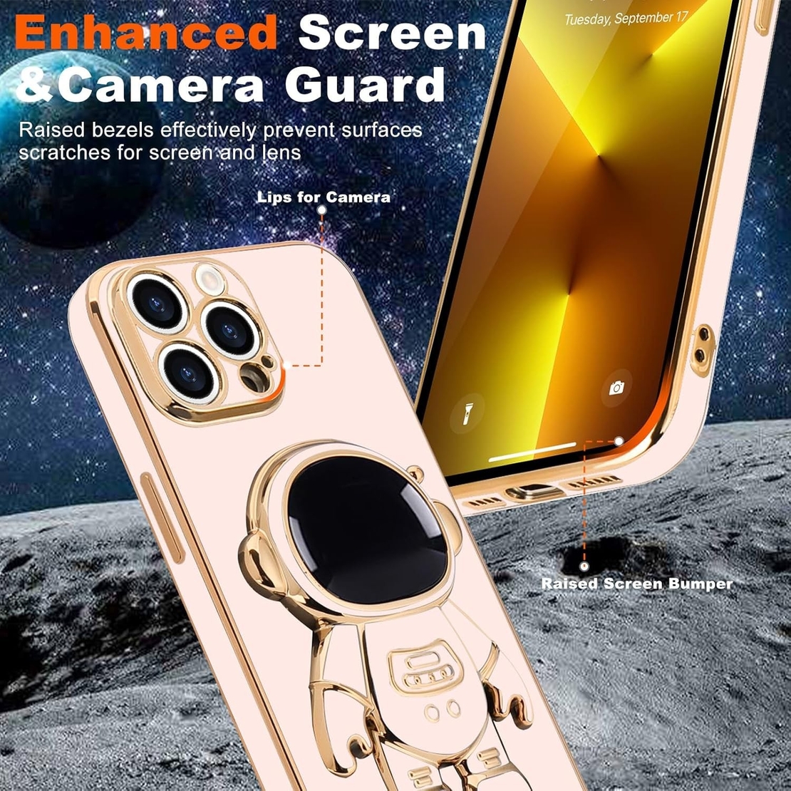 Husa de Protectie TPU 2in1, Vafy, pentru Apple iPhone 15 Pro, Astronaut cu Suport, Antisoc, Rezistenta la Impact, Protectie Camera, Roz