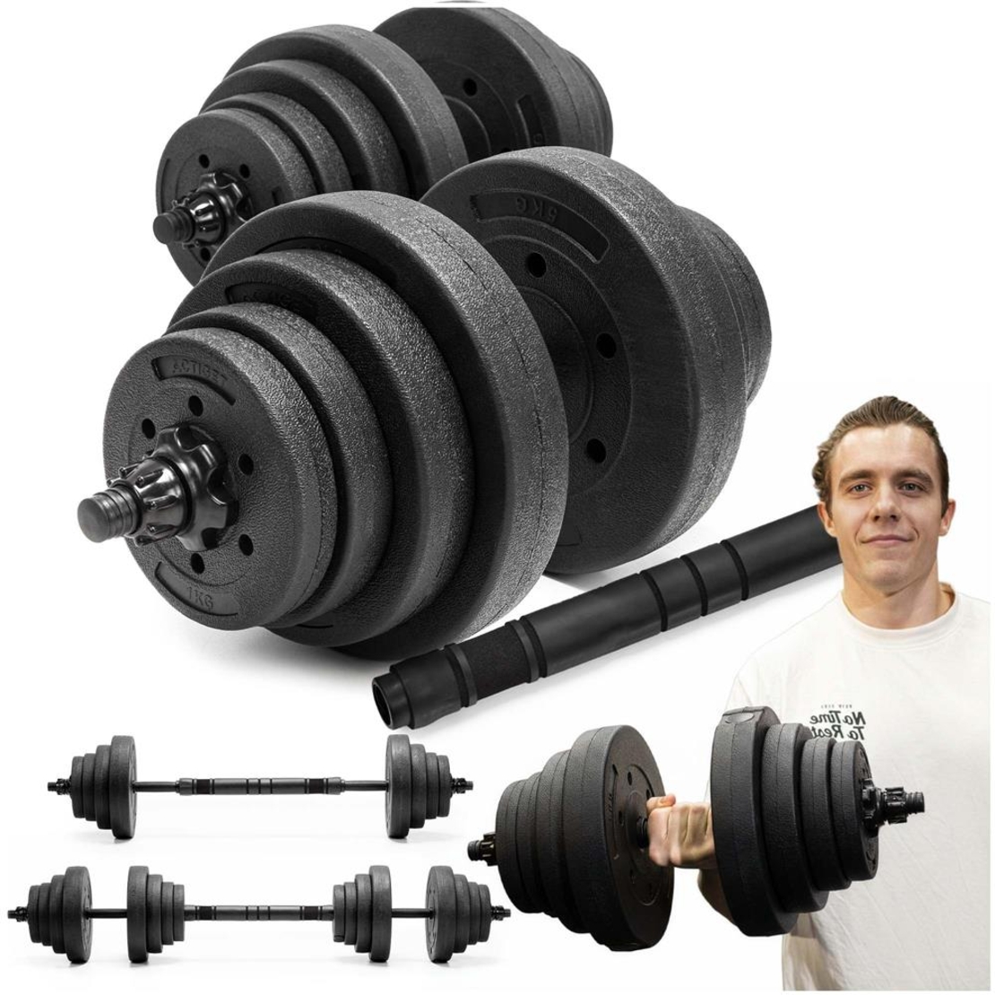 Set gantere si bara ajustabila 20 kg, 12 discuri, conector metalic cu spuma, negru