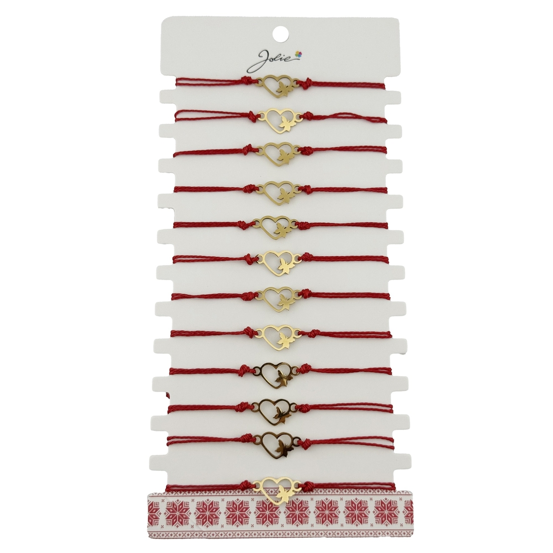 Bratara Martisor pentru Dama, Jolie, Model Inima cu Fluture, Set 12 bucati, Pandativ Auriu din Inox cu Snur Rosu Ajustabil