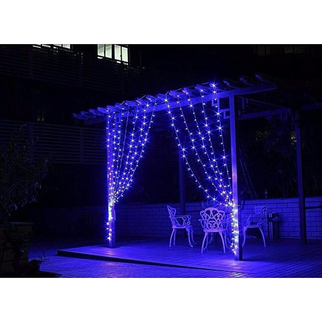 Instalatie Craciun, Tip Perdea, IP44, 8 m x 1 m, 480 LED-uri, Albastru, 8 jocuri de lumini, Transformator cu telecomanda, Interconectabila, Prelungitor 3 m inclus, Fir transparent, Interior/ Exterior, Vafy