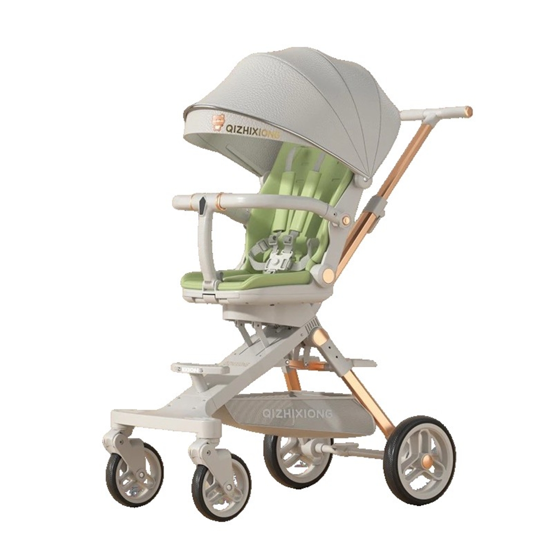 Carucior Sport Flippy 3in1, 6-36 Luni, Pliabil, Tavita pentru Masa, Pat de Dormit, Centura de Siguranta, Roti 360 Grade, Reversibil, Parasolar, Maner Reglabil, 64 x 35 x 100 cm, Gri/Verde