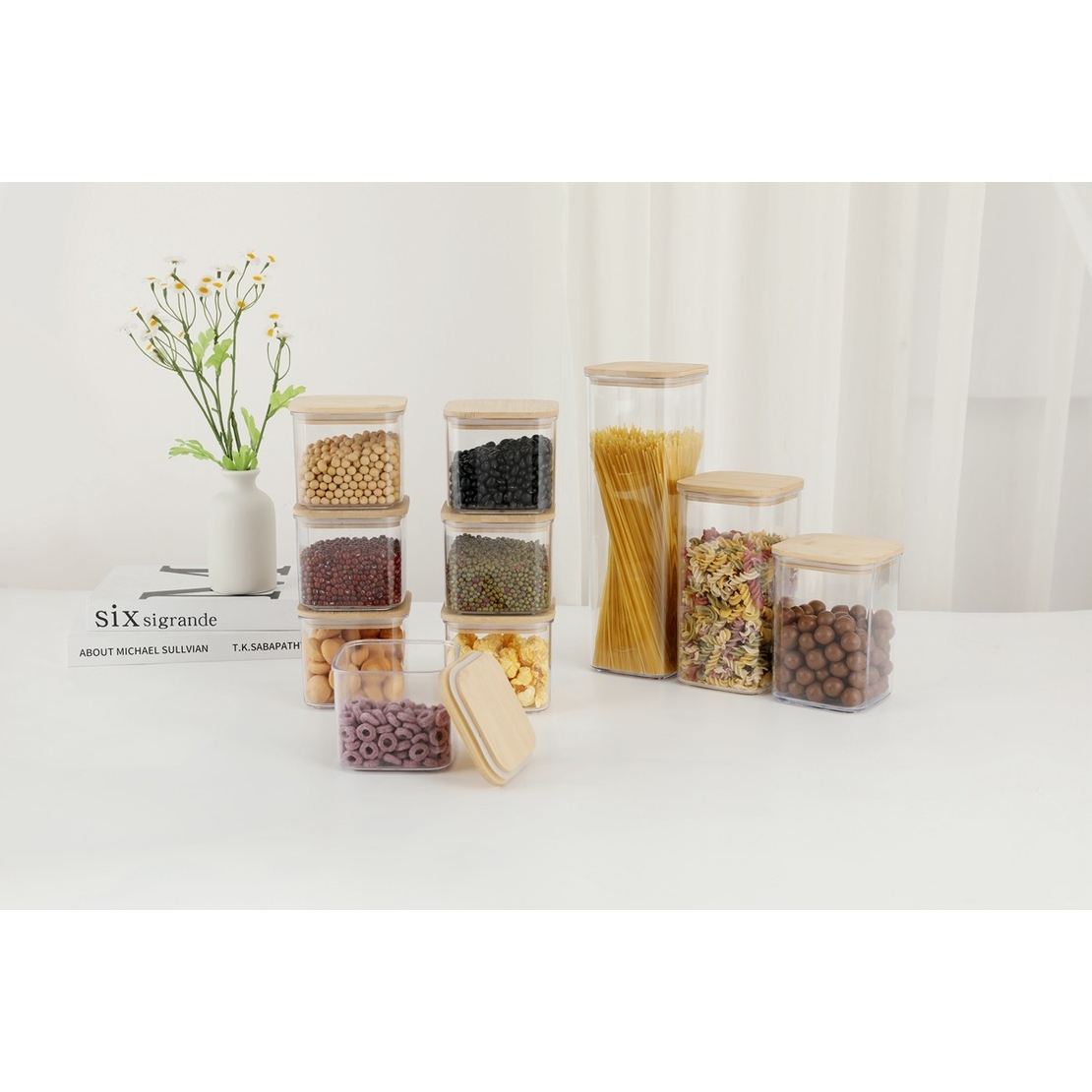 Cutii de Depozitare Alimente, Flippy, Set din 5 Cutii de tip Container, Cutii pentru Cereale, din Plastic, Capac din Bambuc, 1pc 0.5 l. 2pc 0.8 l, 2pc 1.2 l, 1pc 1.9 l, Transparente