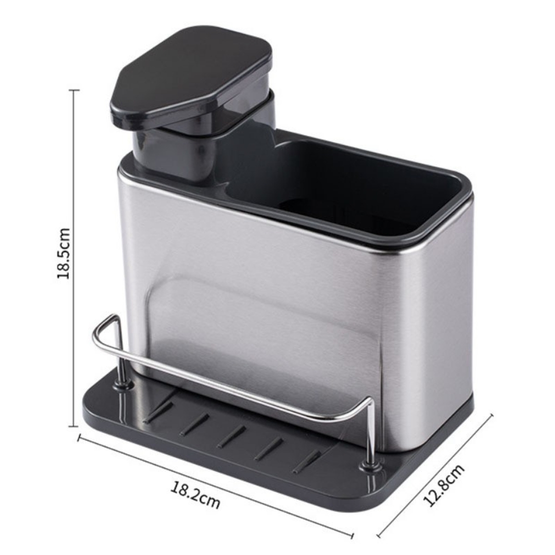 Dispenser Multifunctional, Flippy, Dozator pentru Detergent, pentru Sapun Lichid, Dezinfectant, cu Suport pentru Ustensile, 18.5 x 18 x 12.8 cm Negru