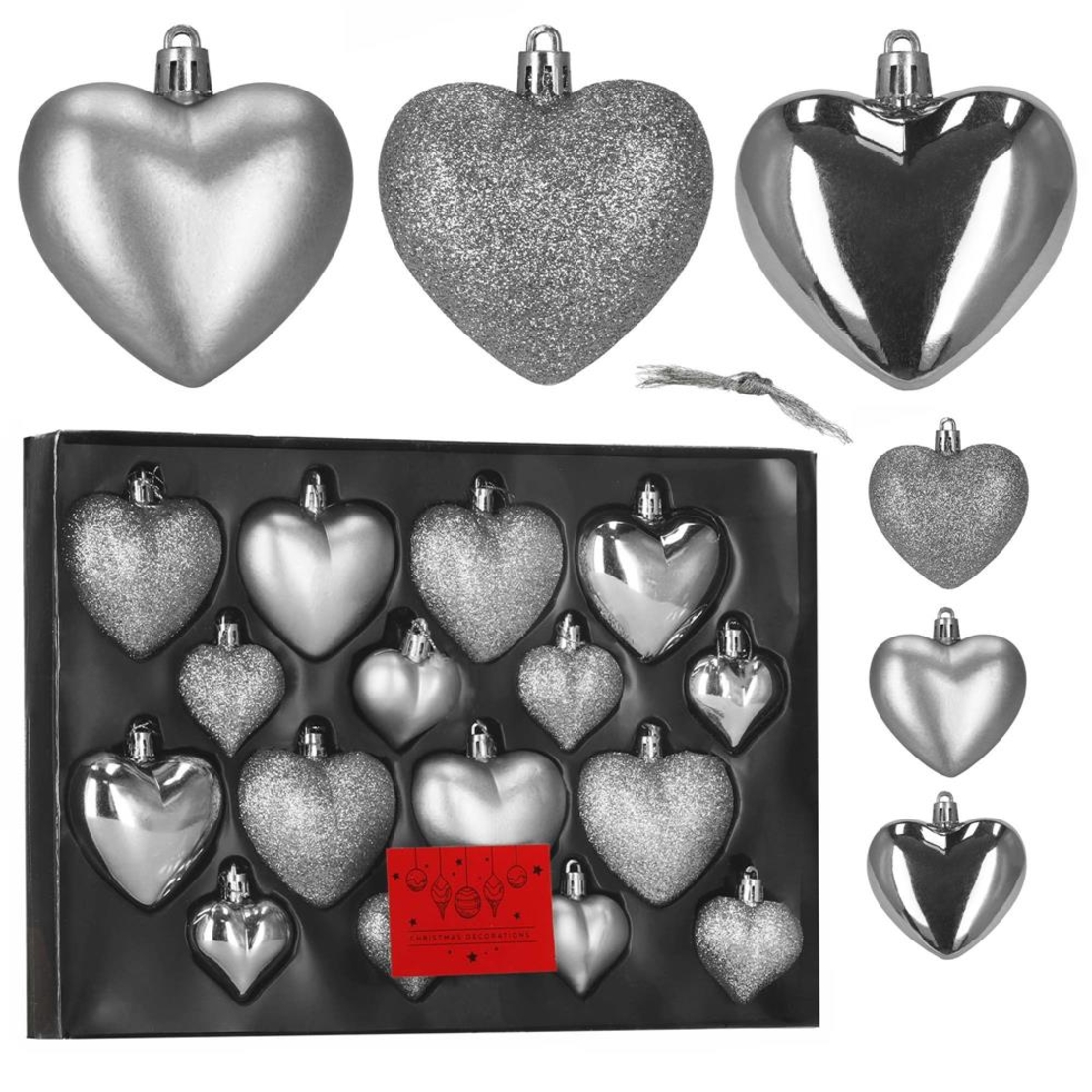 Set globuri decorative in forma de inima, 16 bucati, plastic, 4-7 cm, argintiu