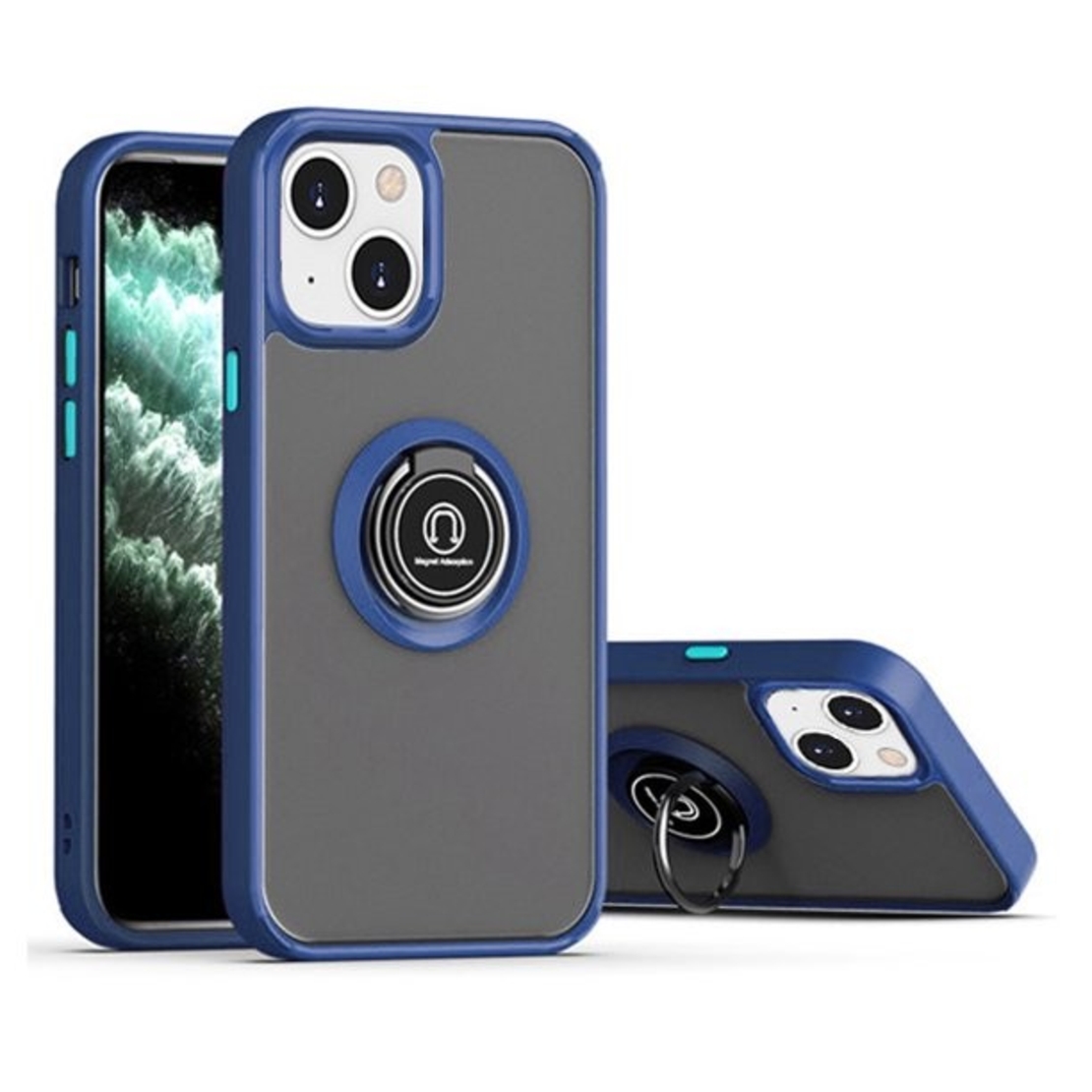Husa Anti Fall Metal Bracket pentru Apple iPhone 14 Pro Max, Rezistenta la socuri, Margini colorate, Cu inel de prindere magnetic, Vafy, Albastru