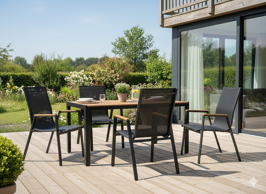 Masa de gradina, cadru otel, blat polywood cu aspect lemn, 150x90x73 cm, negru si maro natur