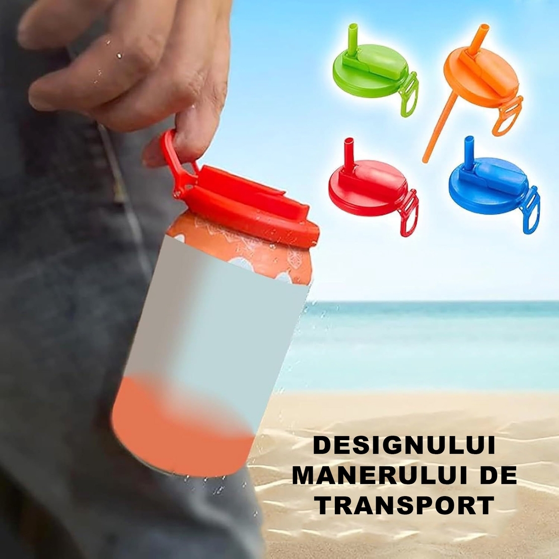 Capac Anti Varsare pentru Doze, Vafy, Model cu Pai Transparent, Reutilizabil, din Plastic, cu Maner Transportabil, 5.4 cm, Gri