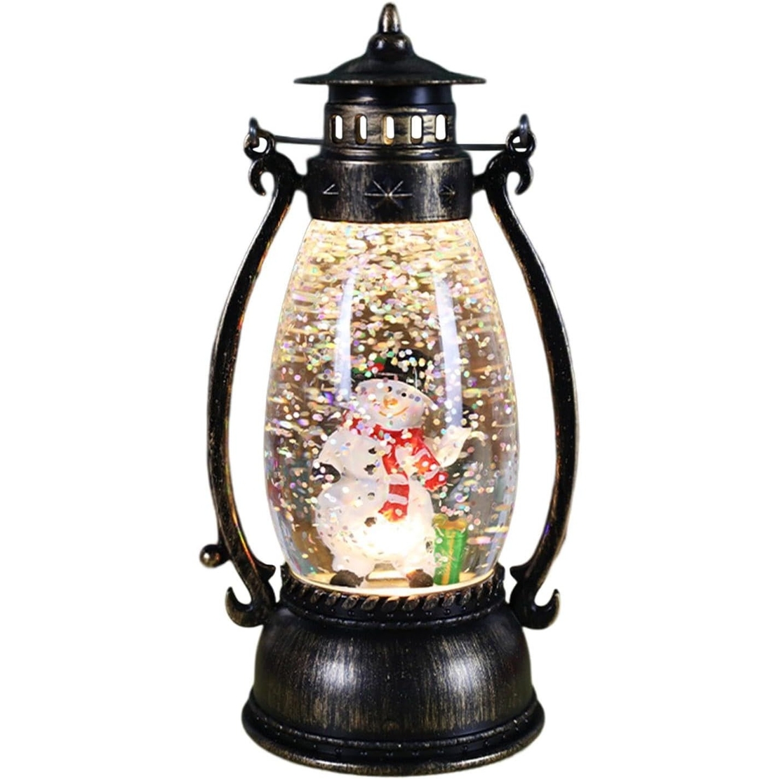 Decoratiune Luminoasa, Flippy, Felinar de Craciun, cu Lumina LED, Ornament Model Lampa cu Ulei Om de Zapada, cu Maner, 14x7x6 cm, Negru