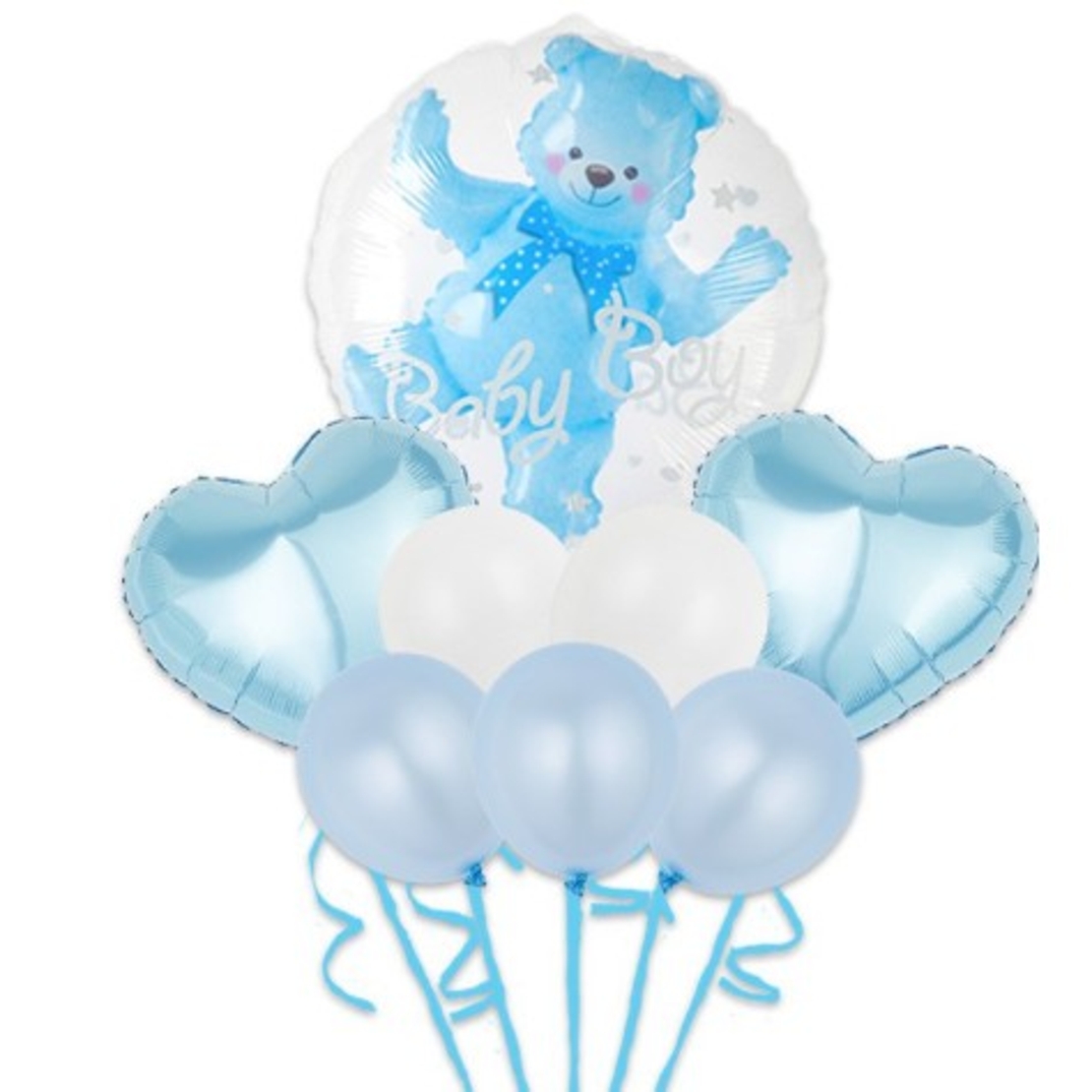 Set Baloane Aniversare, Vafy, set din 8 bucati, 1 bucata urs, 2 inimi folie, 5 simple din latex Baby Boy, 60 cm Albastru