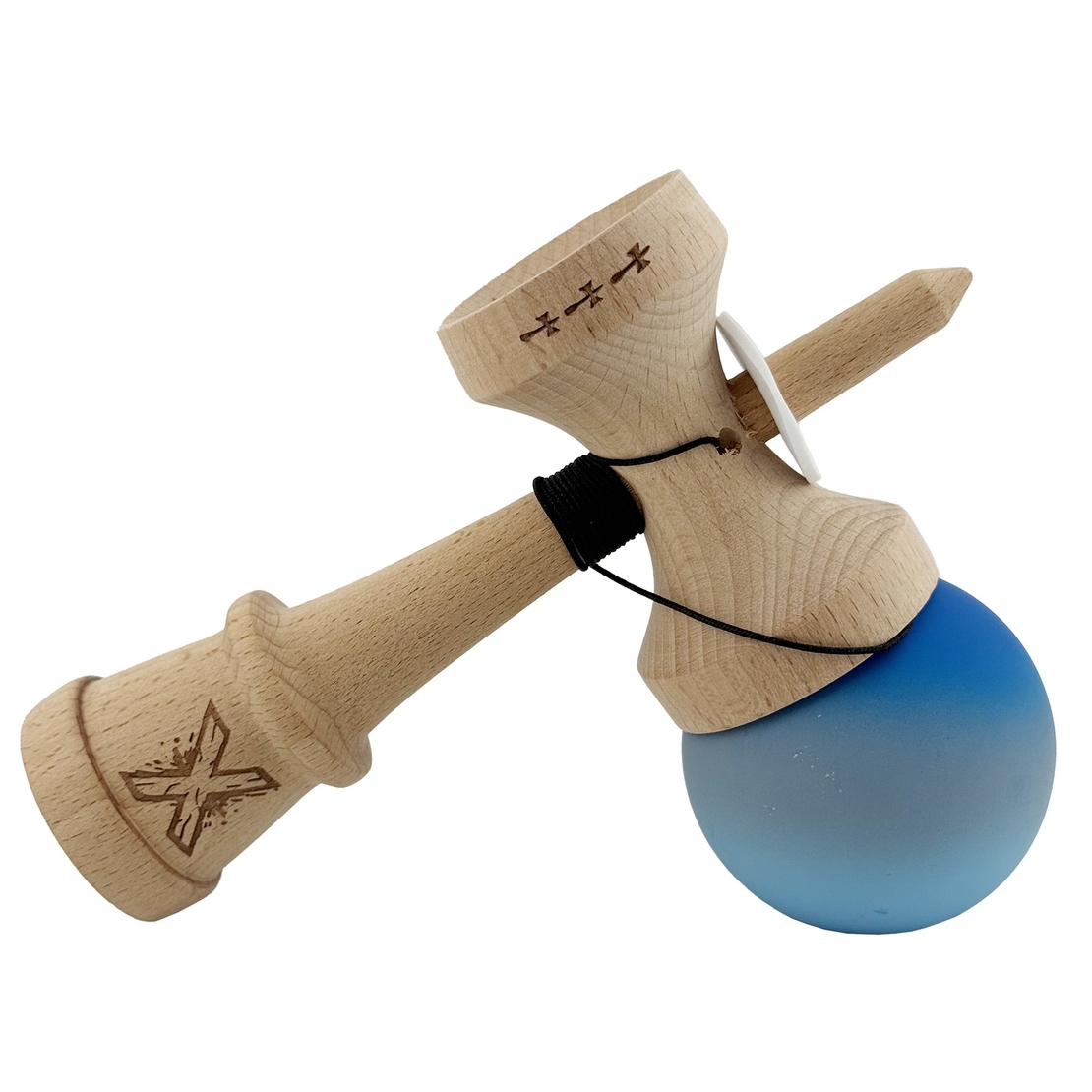 Kendama X Originala, Profesionala, Flippy, Cupe Mari KING SIZE V3, Rubber Grip, Gaura in Baza, Rulment Metalic, din lemn 18 cm, Ata 62/65 cm, Gradient Albastru/Gri/Albastru deschis