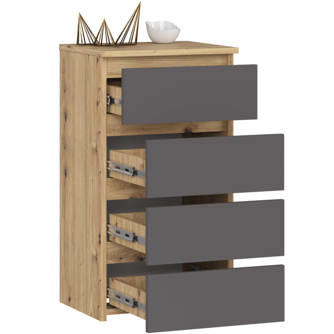 Comoda cu 4 sertare, PAL laminat 16mm, 40x35x74 cm, stejar artisan si gri