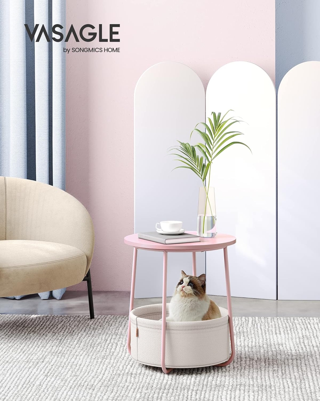 VASAGLE Masuta de cafea rotunda cu cos de stofa, stil modern, 45x50cm, roz cu bej