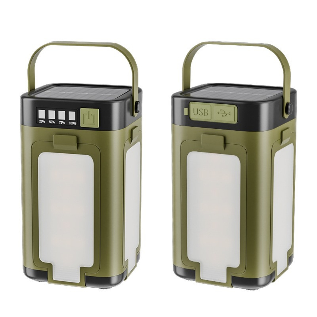 Lampa pentru Camping, Flippy, Lampa LED, Reincarcabila Solar si cablu TYPE-C, Tip Felinar 4 Laturi si Lanterna in Baza, Impermeabila, 12.5 x 7 x 7 cm, Verde