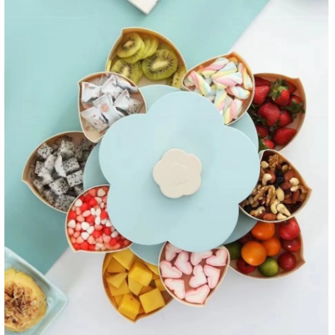 Tava pentru Servire, Flippy, pentru Fructe / Legume / Snackuri, cu Sertare, Deschidere Rotativa, pe 2 Straturi, in Forma de Floare, 26 x 26 x 11.5 cm Albastru