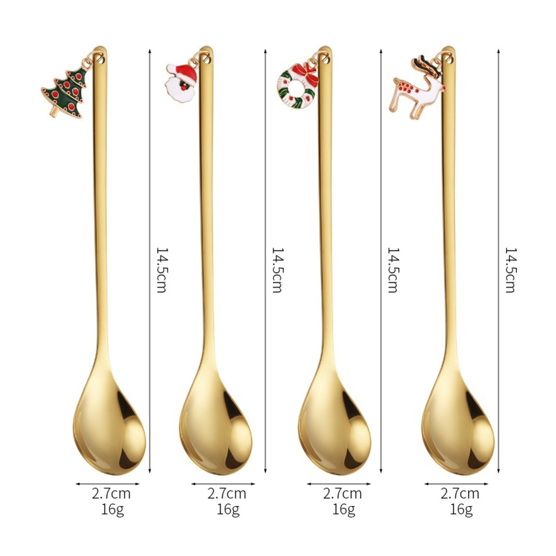 Set 4 Lingurite, Flippy, Tema Craciun, Model Carry The Merry, 4 Modele Tip Pandantiv, din Otel Inoxidabil, 19 x 16 x 2 cm, Multicolor