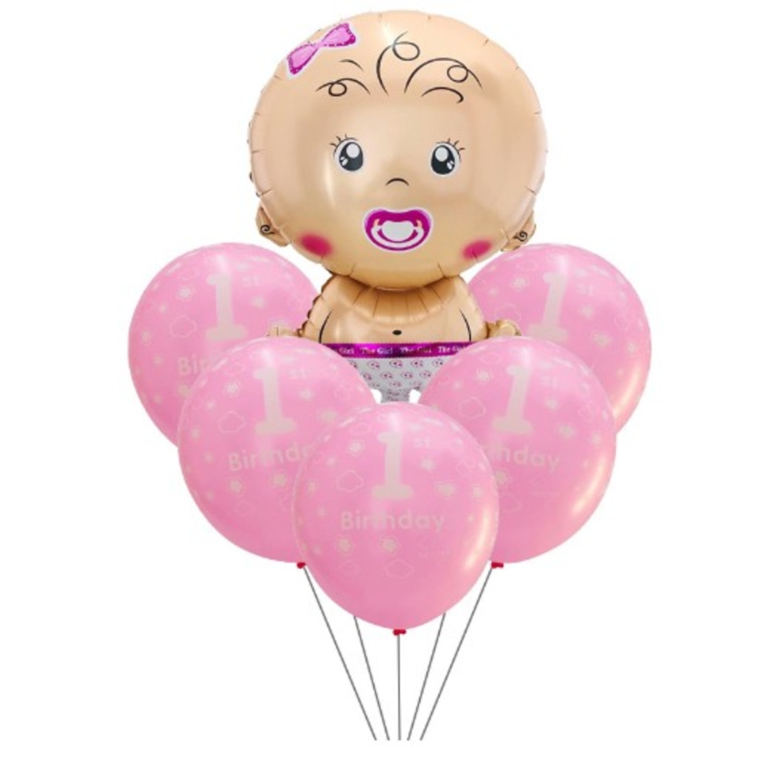 Set baloane pentru fetite, Vafy, FIRST ANYVERSARY, 5 latex 1 Birthday, 1 balon folie din aluminu baby girl, 71 cm, Roz