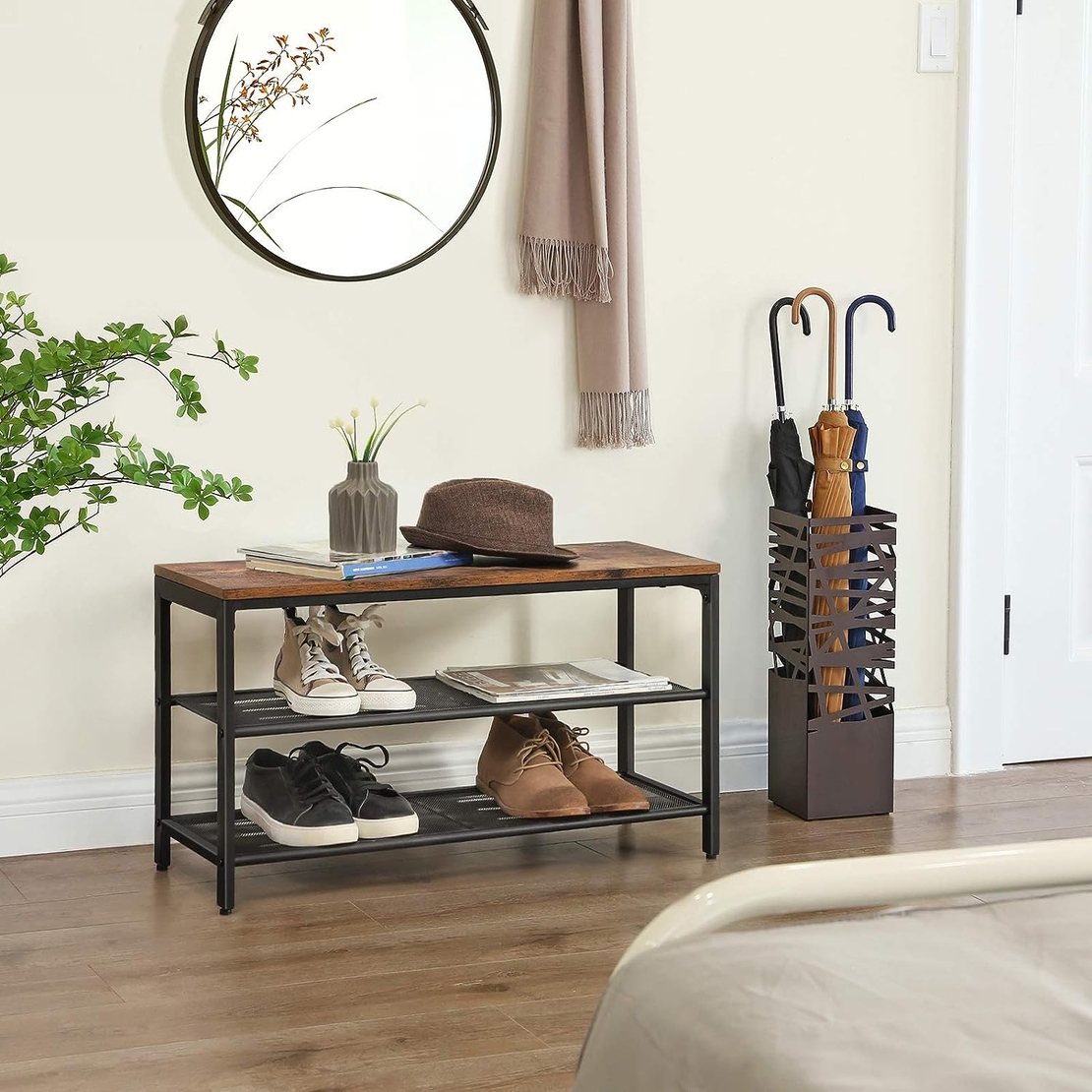 VASAGLE Raft pentru pantofi, cu 2 nivele, metal, 80x30x44cm, stil industrial, maro rustic si negru