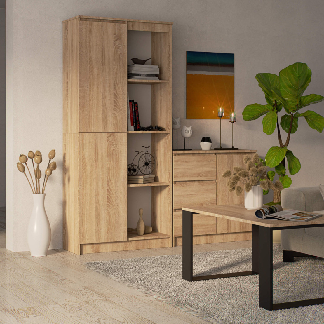 Dulap cu usa si 8 etajere, PAL laminat 16 mm, 80x35x180 cm, stejar sonoma
