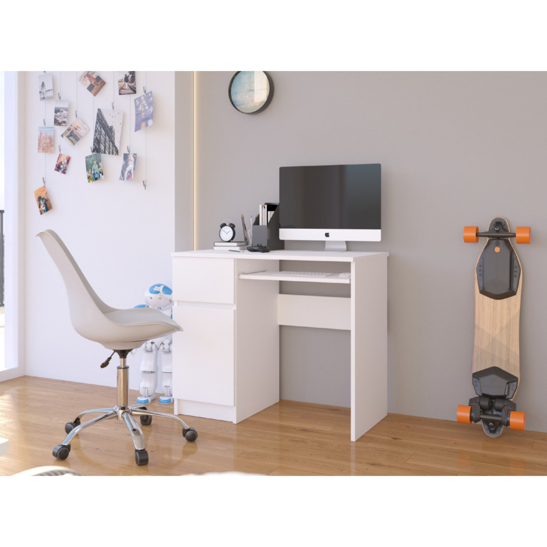 Birou computer PIKSEL, cu sertar, dulap si raft pentru tastatura, stanga, 90x50x77 cm, alb
