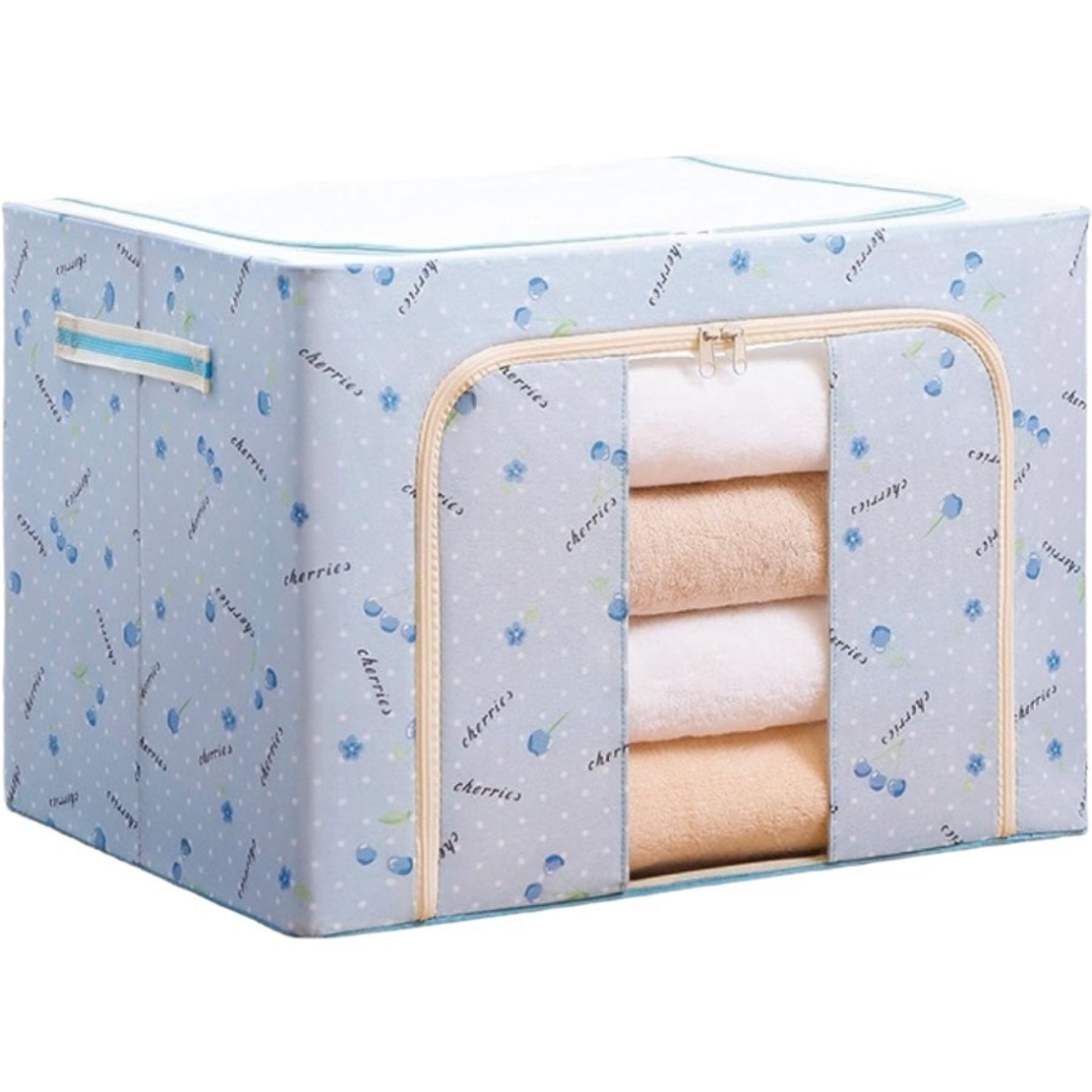 Cutie de Depozitare Pliabila, Flippy, Cu Fermoar, 66 L, Textil, 50x40x33 cm, cu 2 Ferestre, Cadru Metalic, Suport Baza Stabil din Plastic, Imprimeu Cirese, Albastru