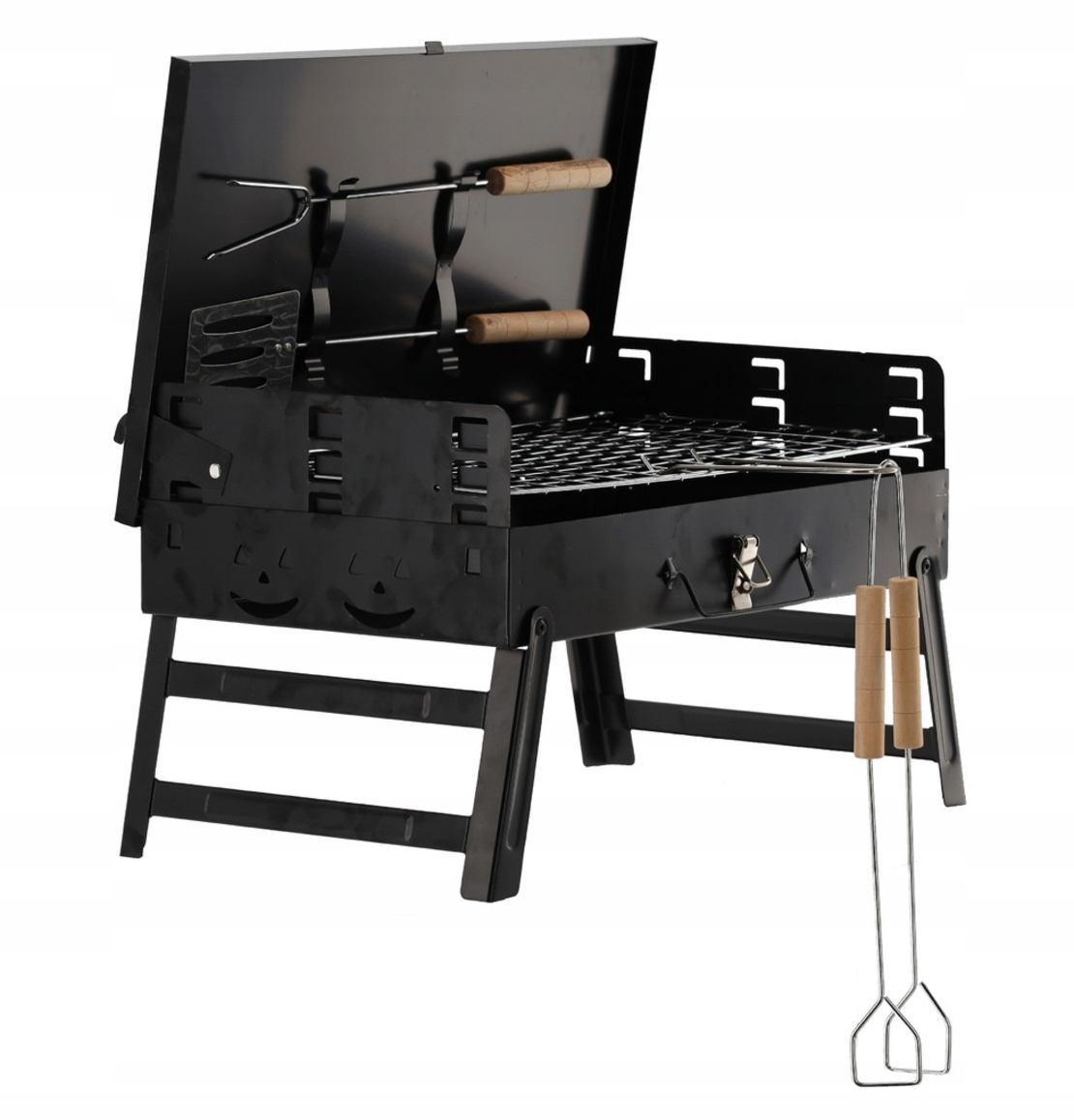 Gratar portabil pliabil tip valiza pentru camping, cu accesorii de gratar incluse, 45x30x30 cm