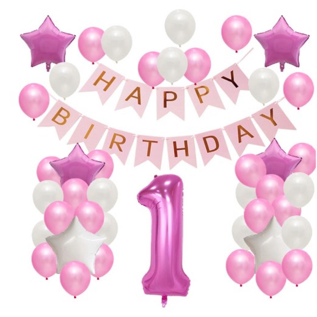 Set Baloane Aniversare HAPPY BIRTHDAY, Vafy, set din 42 bucati, 1 bucata cifra mare, 4 stele din folie aluminiu, 37 simple din latex, Baby Girl, 60 cm Roz