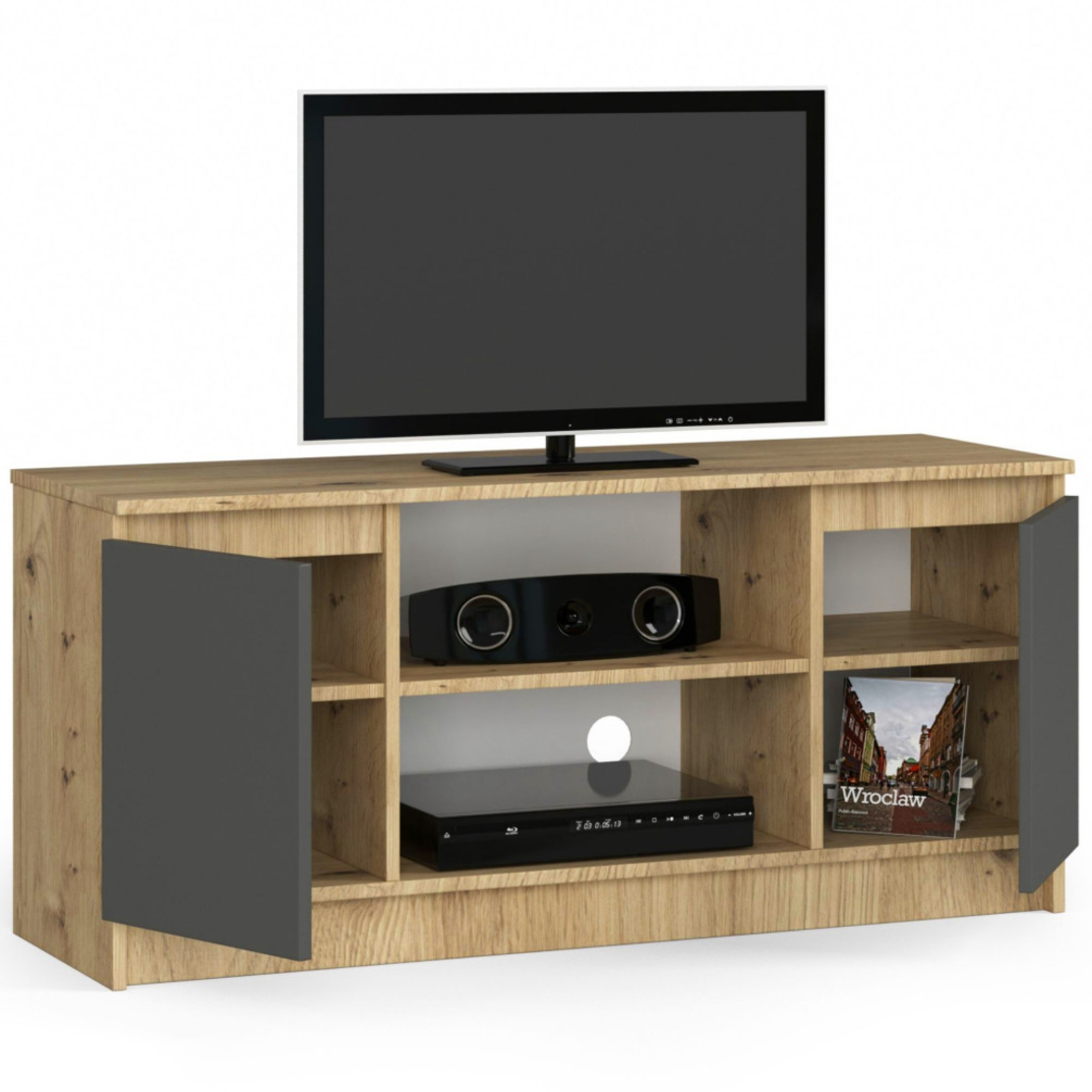 Comoda TV cu 2 usi si o polita, PAL laminat 16 mm, 120x40x55 cm, stejar artisan si gri