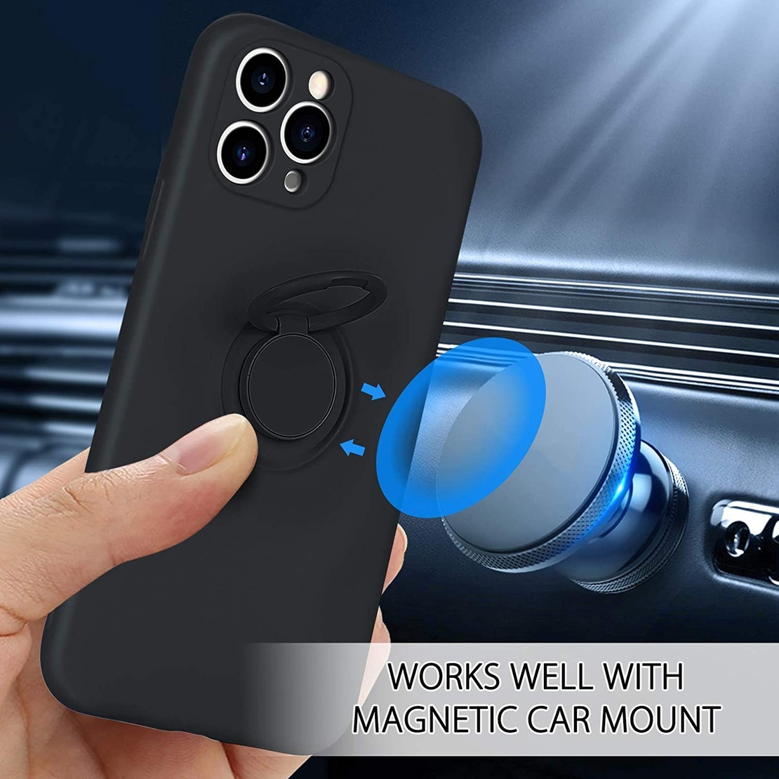 Husa protectie Vafy compatibila cu Apple iPhone 11 Pro Max Liquid Silicone Ring cu suport rotativ Negru