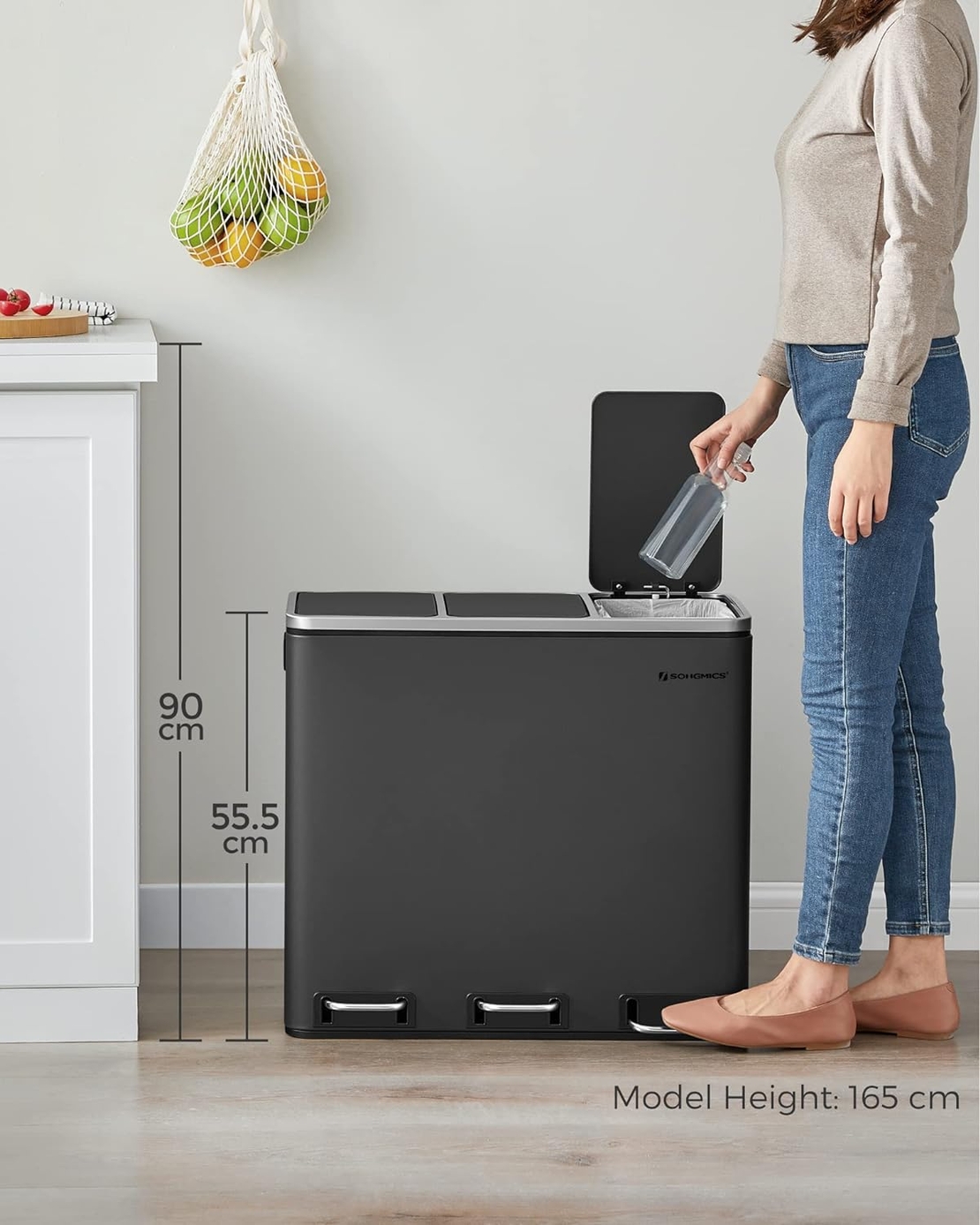 SONGMICS Cos de gunoi din inox cu 3 compartimente colectare selectiva, cu galeti interioare, 3x18litri, negru