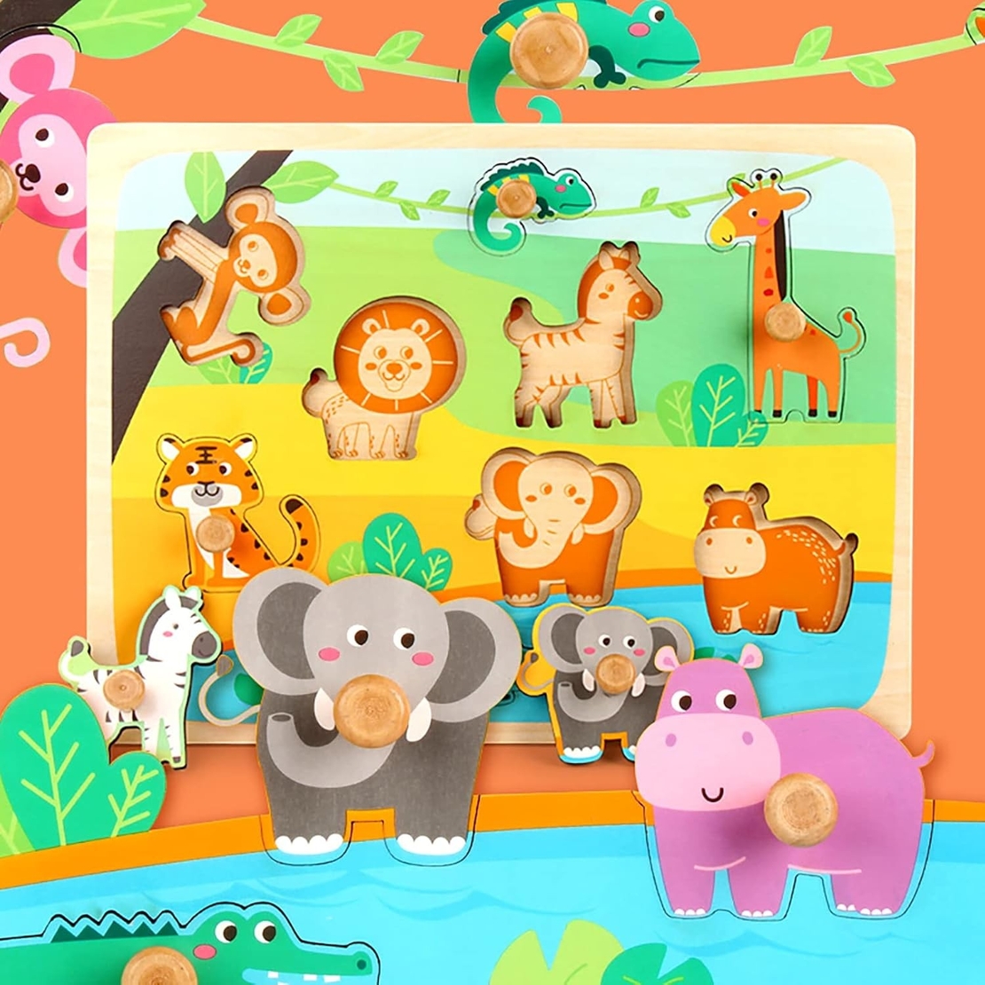Puzzle Montessori din Lemn pentru Copii, Flippy, 0-3 Ani, Model Animale din Jungla, Educativ, Intuitiv, Creativ, 9 Piese, 30x22.5x0.8 cm, Multicolor