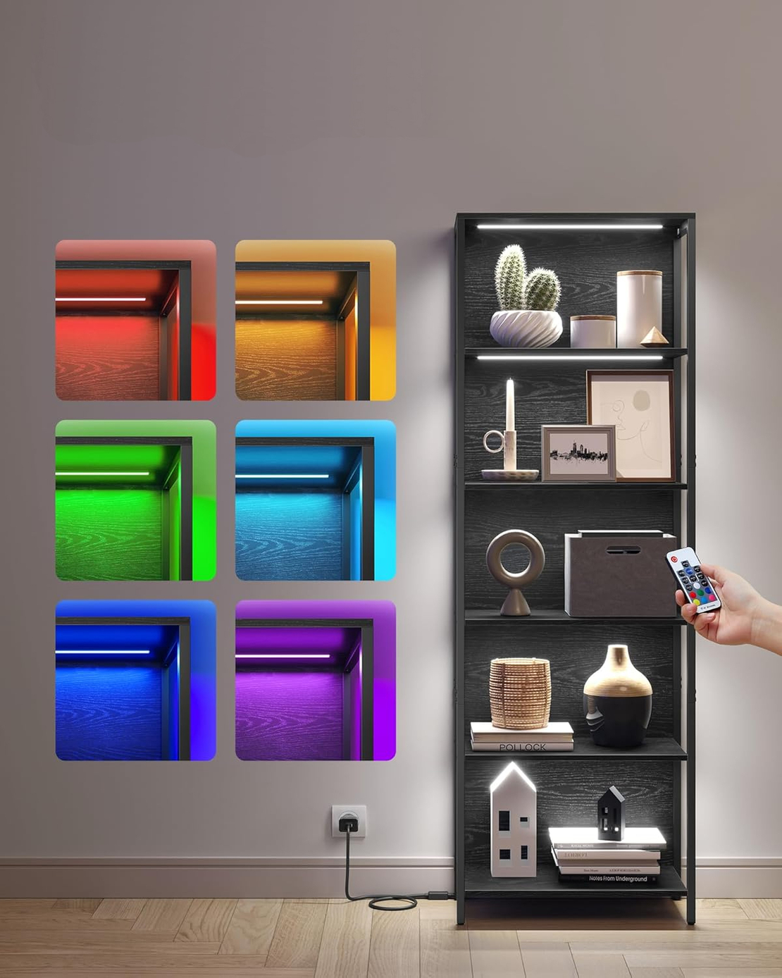 VASAGLE Biblioteca cu 6 rafturi si iluminare LED reglabila 25 culori, cadru metalic, 30x60x179 cm, negru