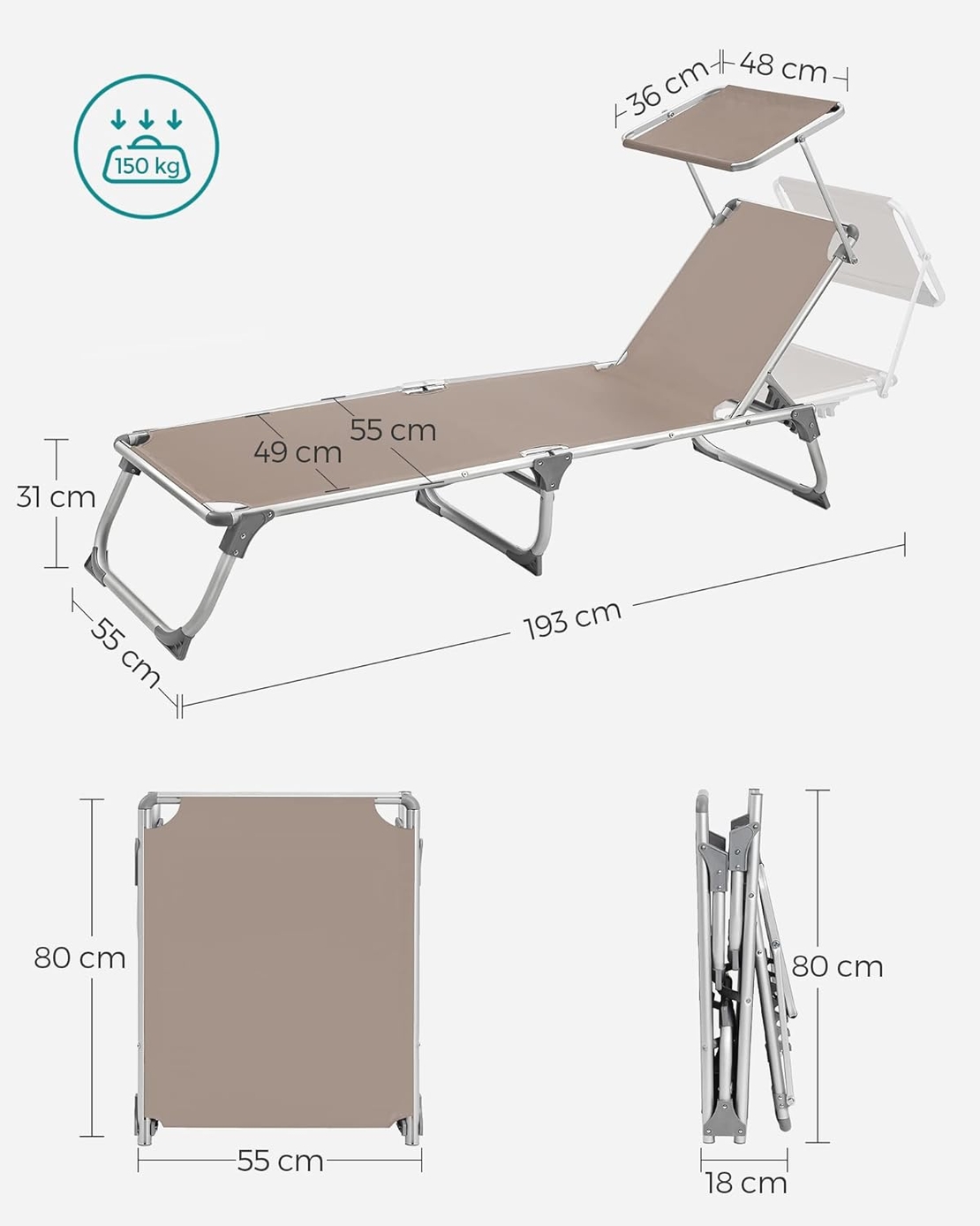 SONGMICS Sezlong pliabil, cu parasolar, spatar reglabil in 5 pozitii, maxim 150kg, 193x55x31cm, taupe