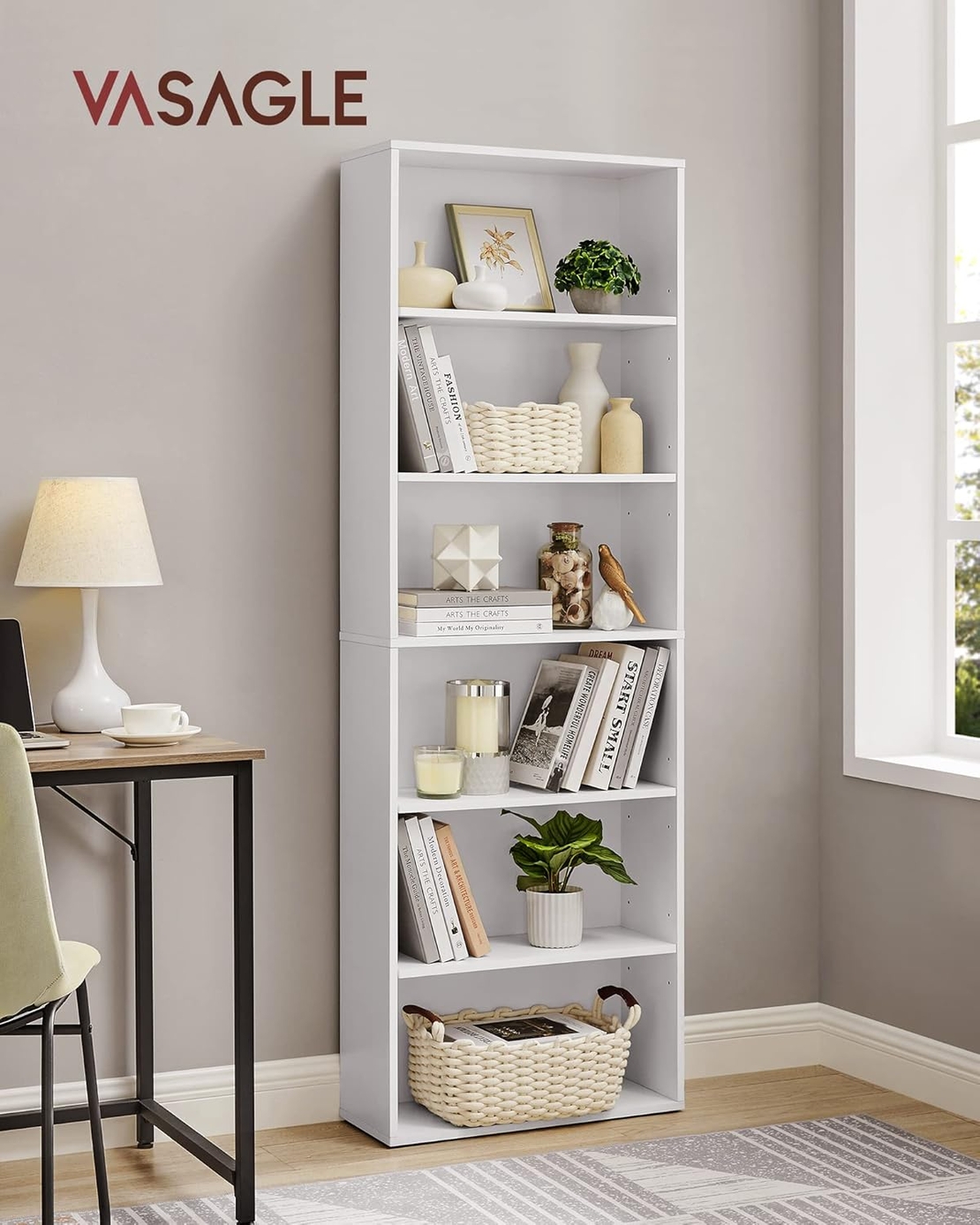 VASAGLE Biblioteca 6 rafturi, in stil scandinav, rafturi ajustabile, PAL, 60x24x179 cm, alb