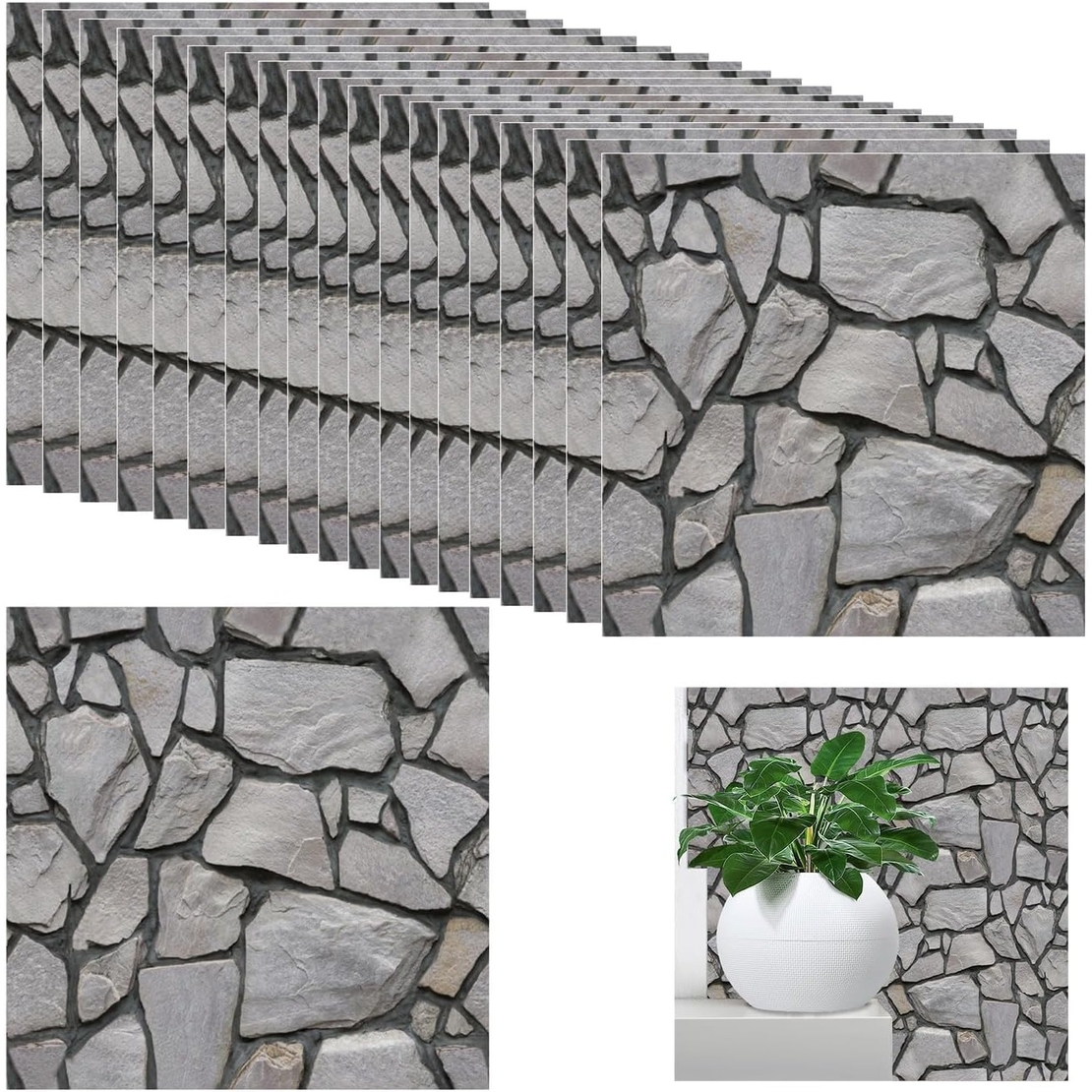 Set 10 x Placi Tapet Autocolant 3D cu Imitatie de Pietre, pentru Perete Bucatarie Sufragerie, Usor de Curatat, Rezistent la Apa, Autoadeziv, 30x30 cm, Gri