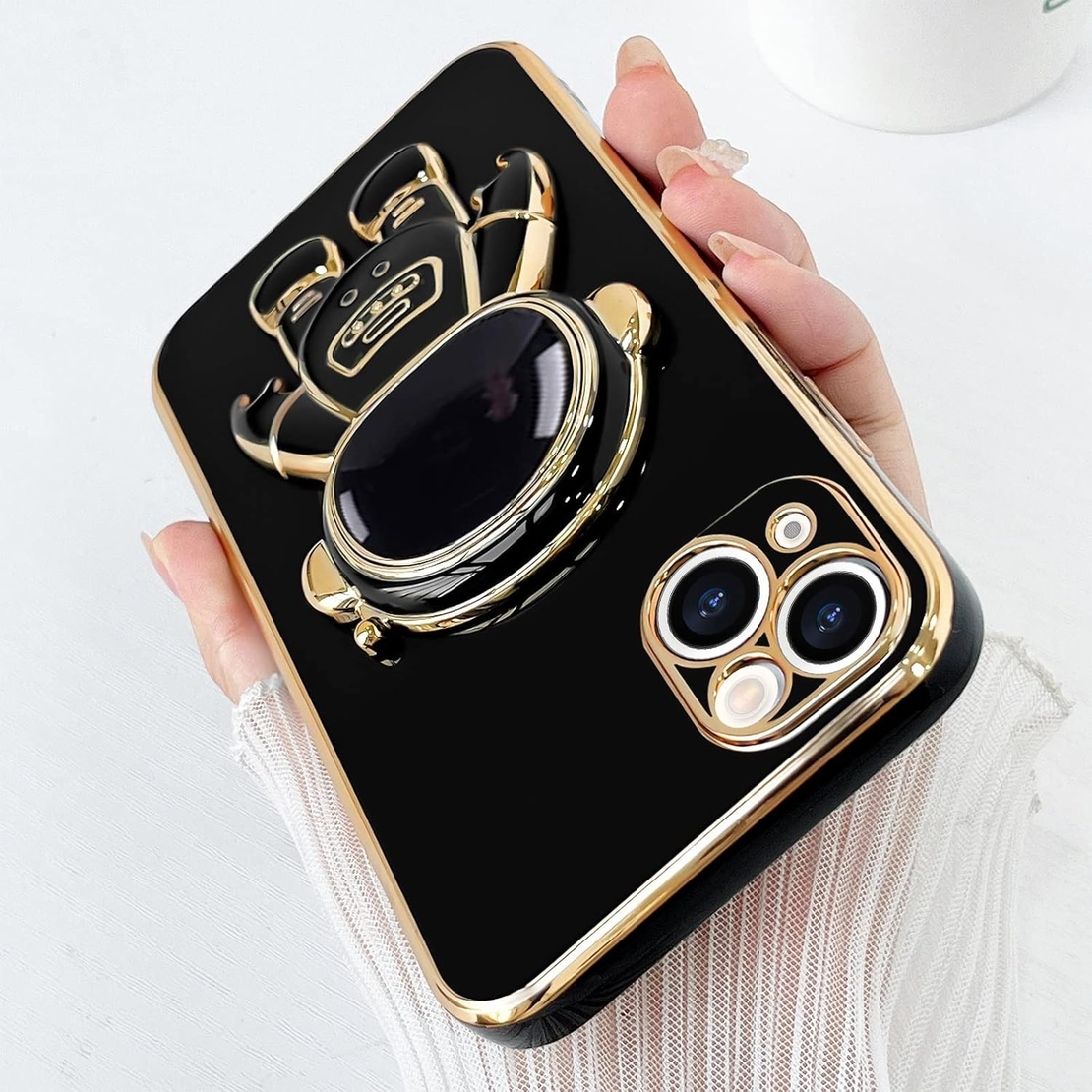 Husa de Protectie TPU 2in1, Vafy, pentru Apple iPhone 14 Plus, Astronaut cu Suport, Antisoc, Rezistenta la Impact, Protectie Camera, Negru