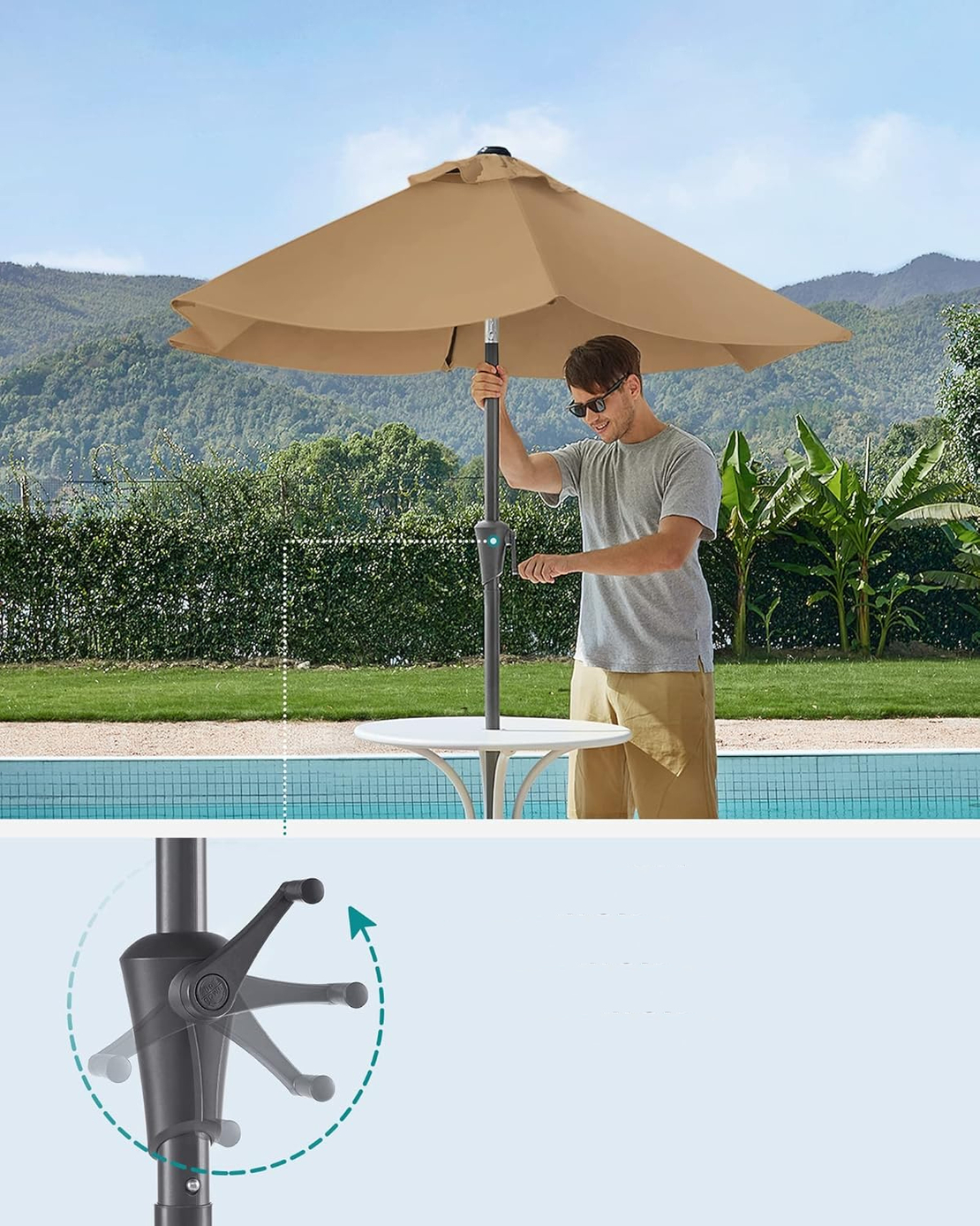 SONGMICS Umbrela de gradina 200 cm, inclinare dubla 30°, poliester UPF 50+, cadru metalic, maro taupe