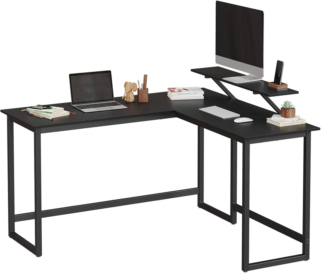 VASAGLE Birou in forma de L cu suport pentru monitor, cadru metalic, 140x130x76cm, negru