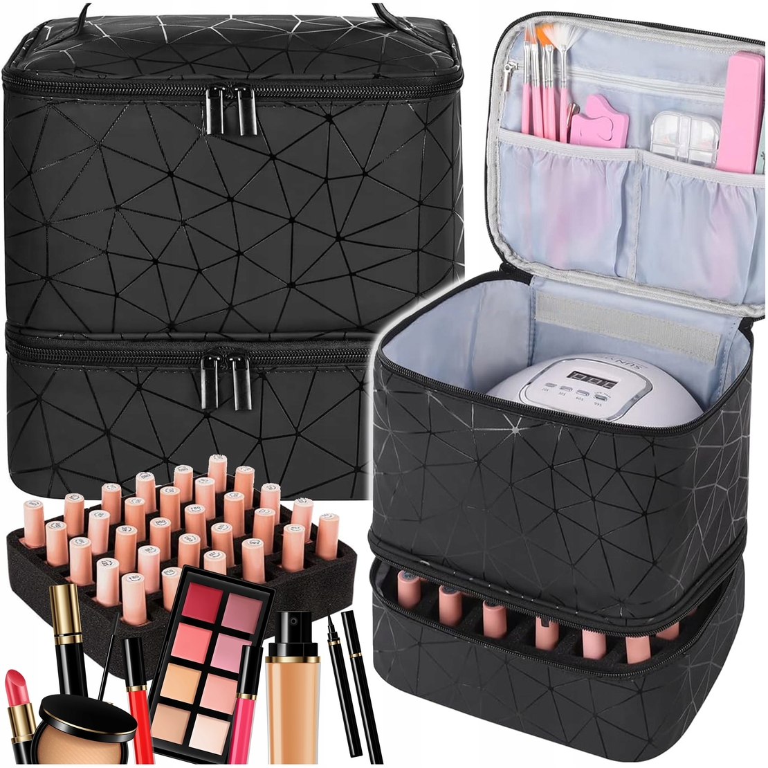 Organizator cosmetica tip beauty cu 2 compartimente, piele ecologica, 24x24x20 cm