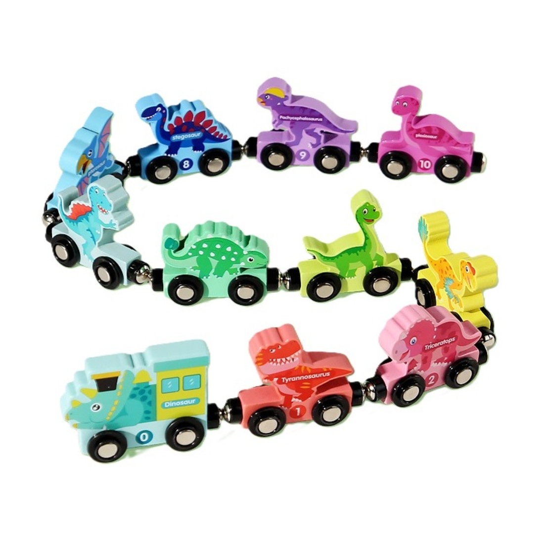 Trenulet Magnetic, Flippy, din Lemn, Model Dinozauri, 10 Animale, +3 Ani, Jucarie de Asamblat, Multicolor