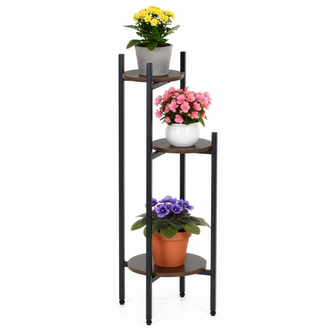 Suport pentru flori, rotund cu 3 polite, structura metalica si MDF, 32x32x81 cm, negru
