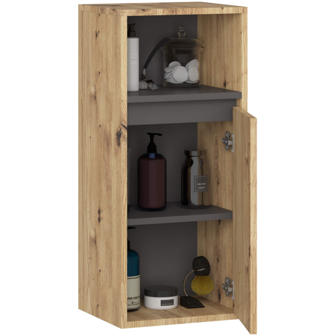 Etajera de baie suspendata, cu usa si 2 polite, PAL 16 mm, 35x30x80 cm, stejar artisan si gri