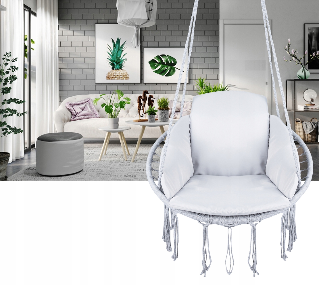 Scaun rotund Sersimo tip leagan suspendat cu perna Confort casa sau gradina, gri