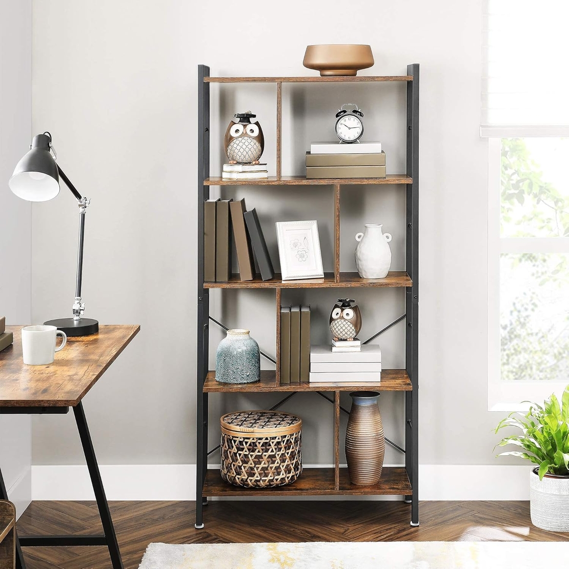 VASAGLE Biblioteca cu 4 rafturi, cadru metalic, stil industrial, 74x30x155 cm, maro rustic
