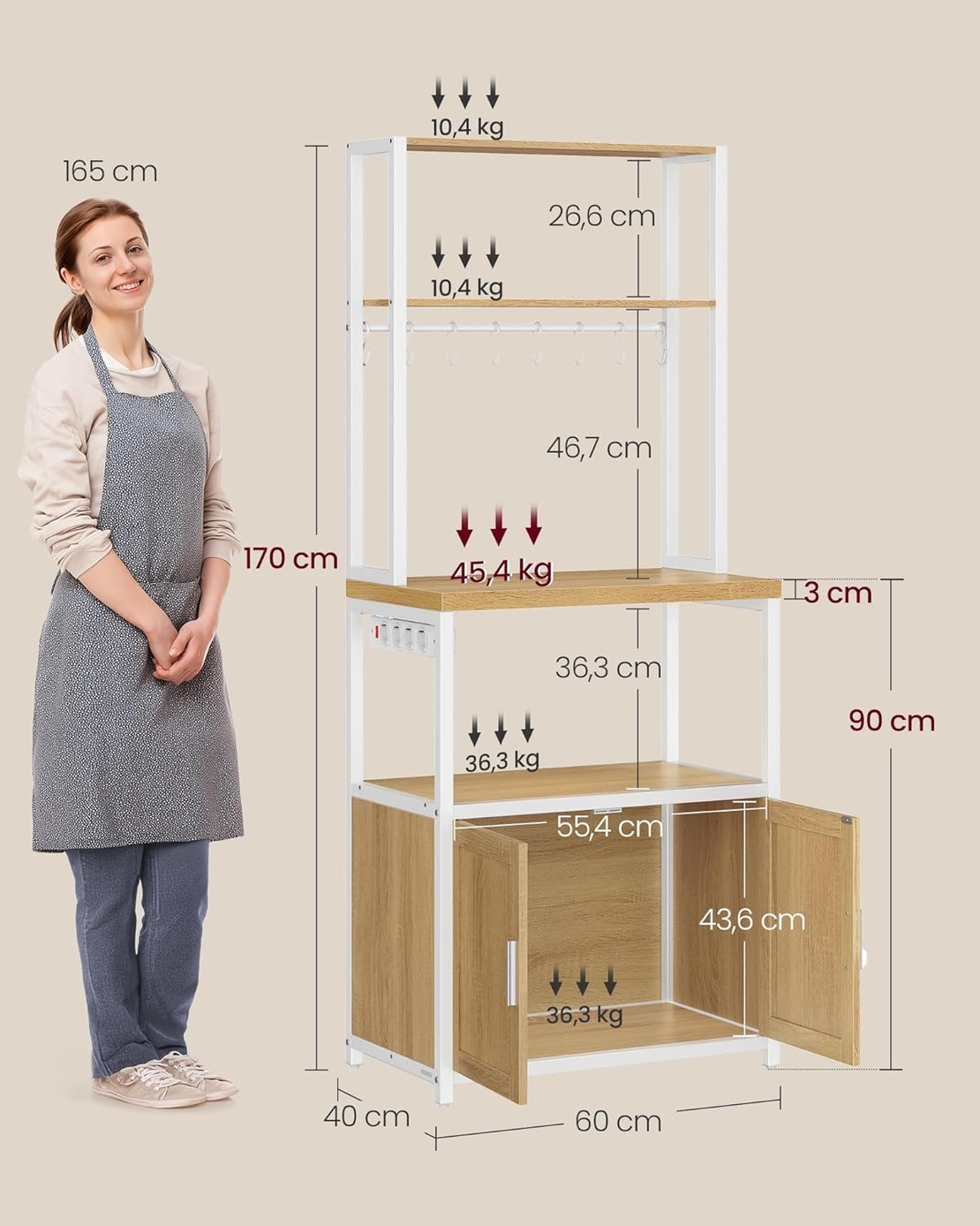 VASAGLE Raft bucatarie cu 4 prize, blat de lucru 90 cm, raft microunde, dulap si carlige, 40x60x170 cm, alb si stejar
