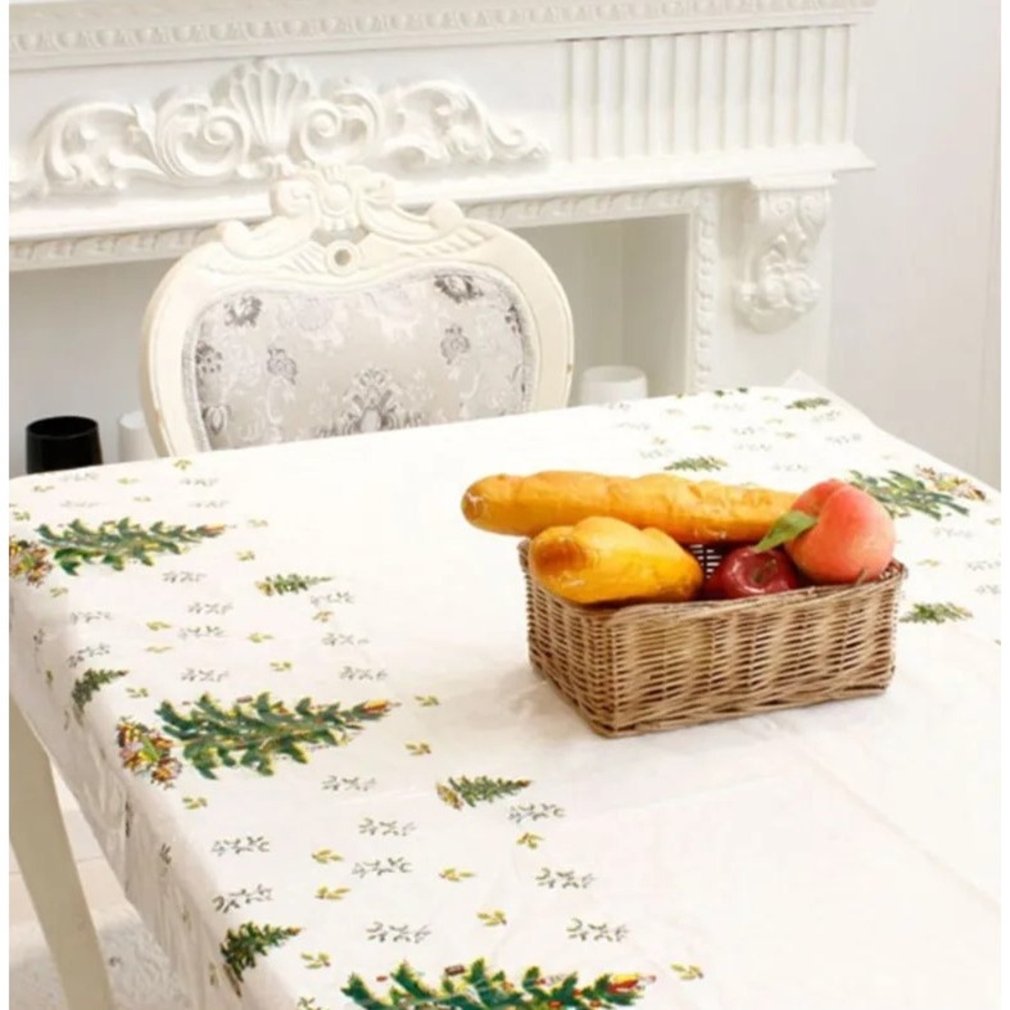 Fata de masa dreptunghiulara Flippy, PVC, 2.5 mm grosime, imprimeu braduri, potrivit pentru Craciun, utilizare multipla, 180 x 108 cm, alb